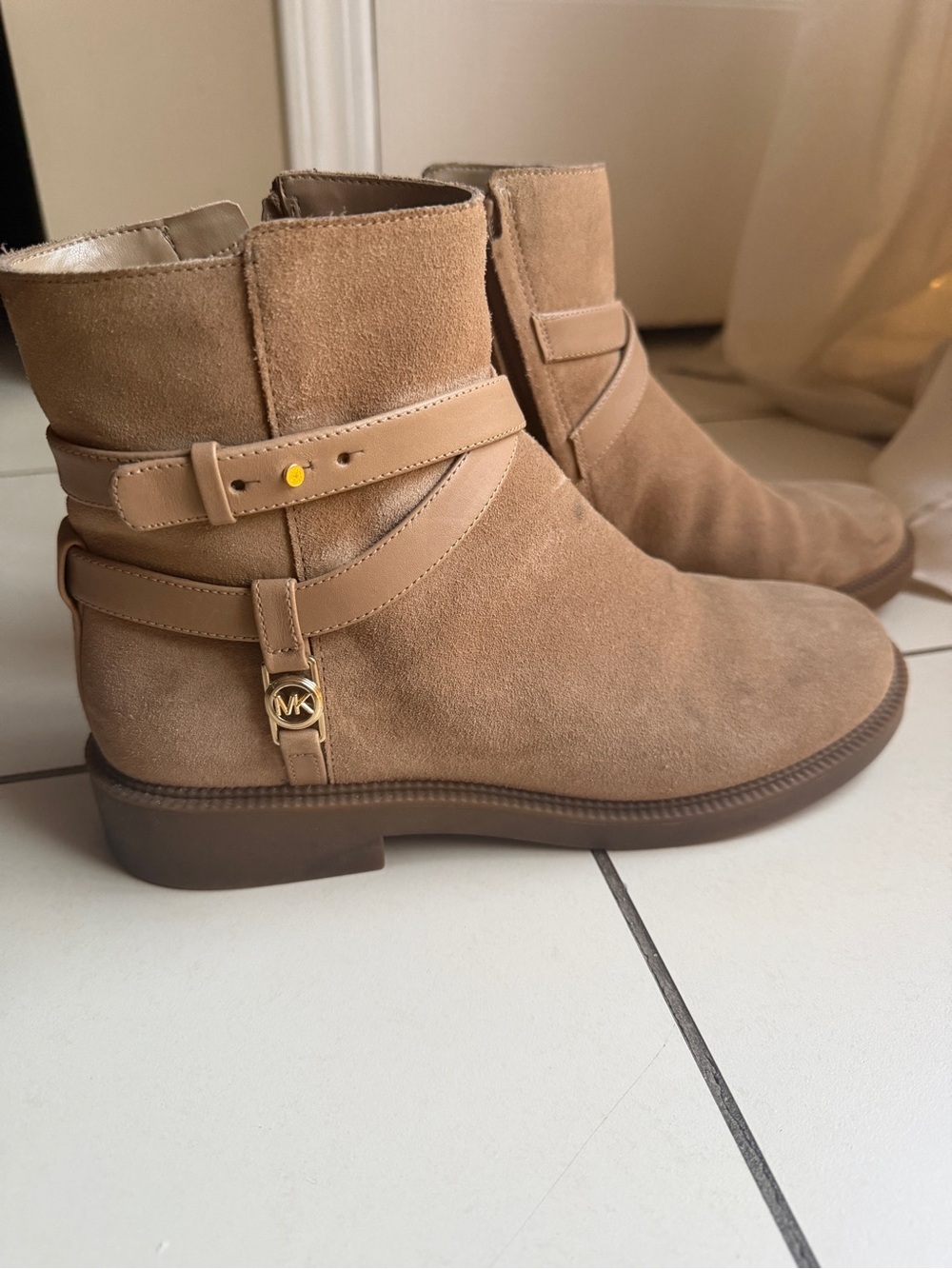 Michael Kors Taupe Suede Ankle Booties with MK Charm